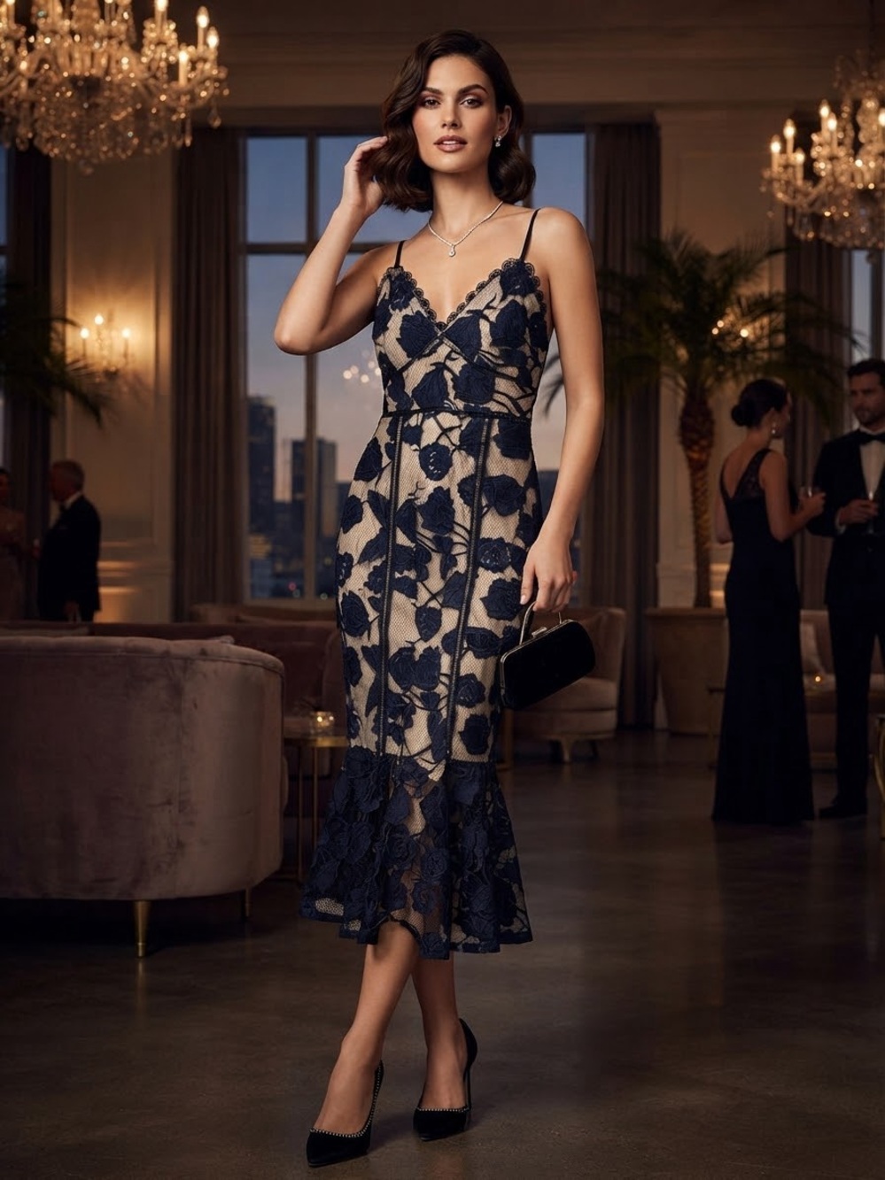 Lulu's Navy Lace Midi Dress with Nude Underlay